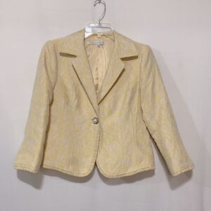 CAMPAIGNE jacquard brocade blazer jacket one button 3/4 sleeves ruffle trim sz 6